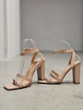 Strappy Nude Block Heel Sandals With Adjustable Ankle Strap - Elegant Design For